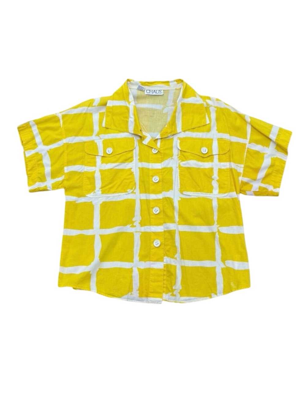 Vintage Women’s Chaus Yellow Check Blouse Cotton Y2K 2 Pocket